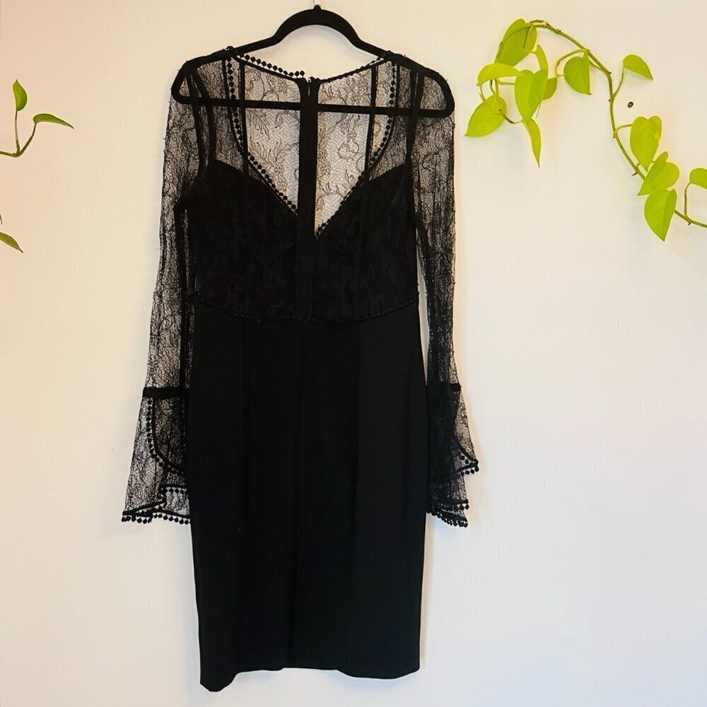 Nicholas Sheer Lace Bell Sleeve Cocktail Sheath Dress - Black - Size 6 - Picture 14 of 17